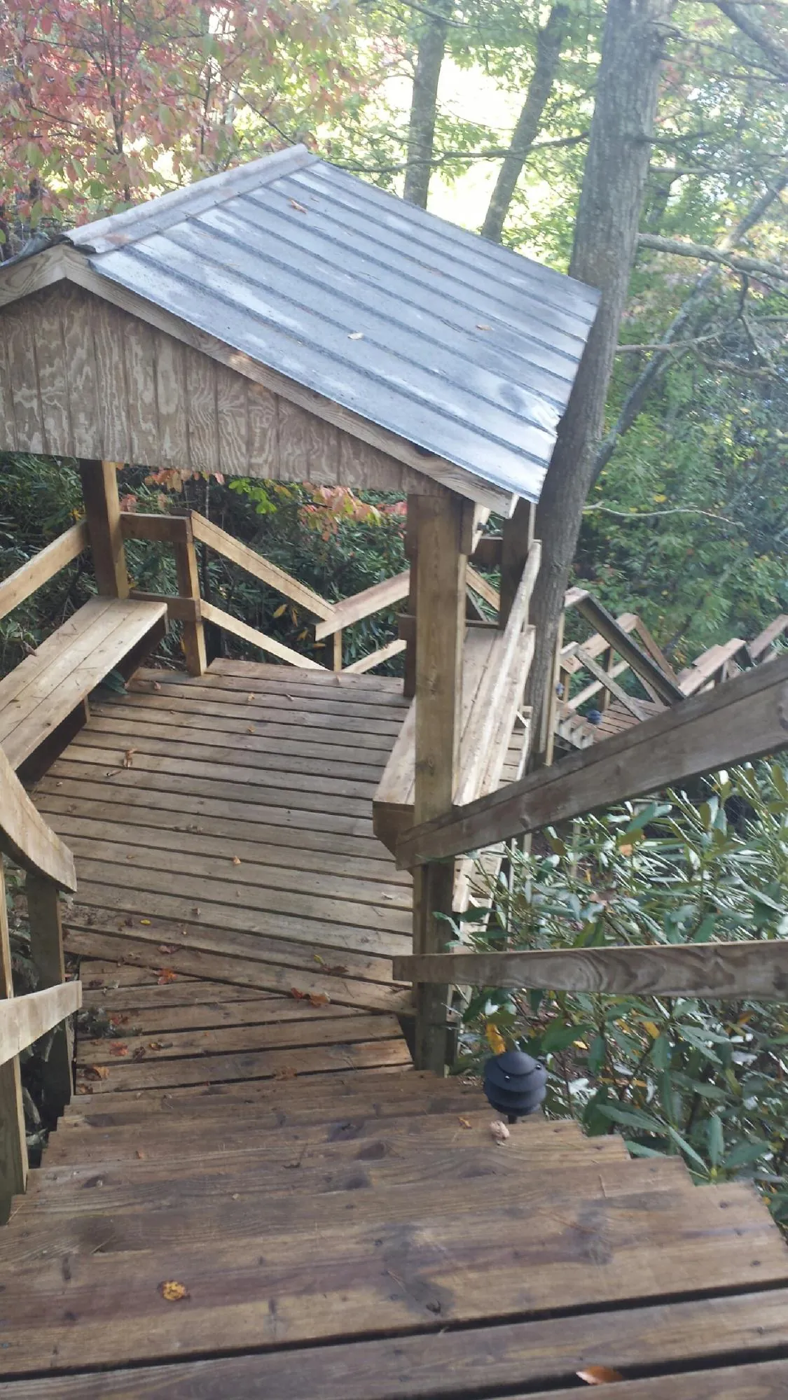 Metal roofed shelter over wooden steps on a wooded walkway — Skylight Repair & Installation work by our crew in Horseshoe Bend
